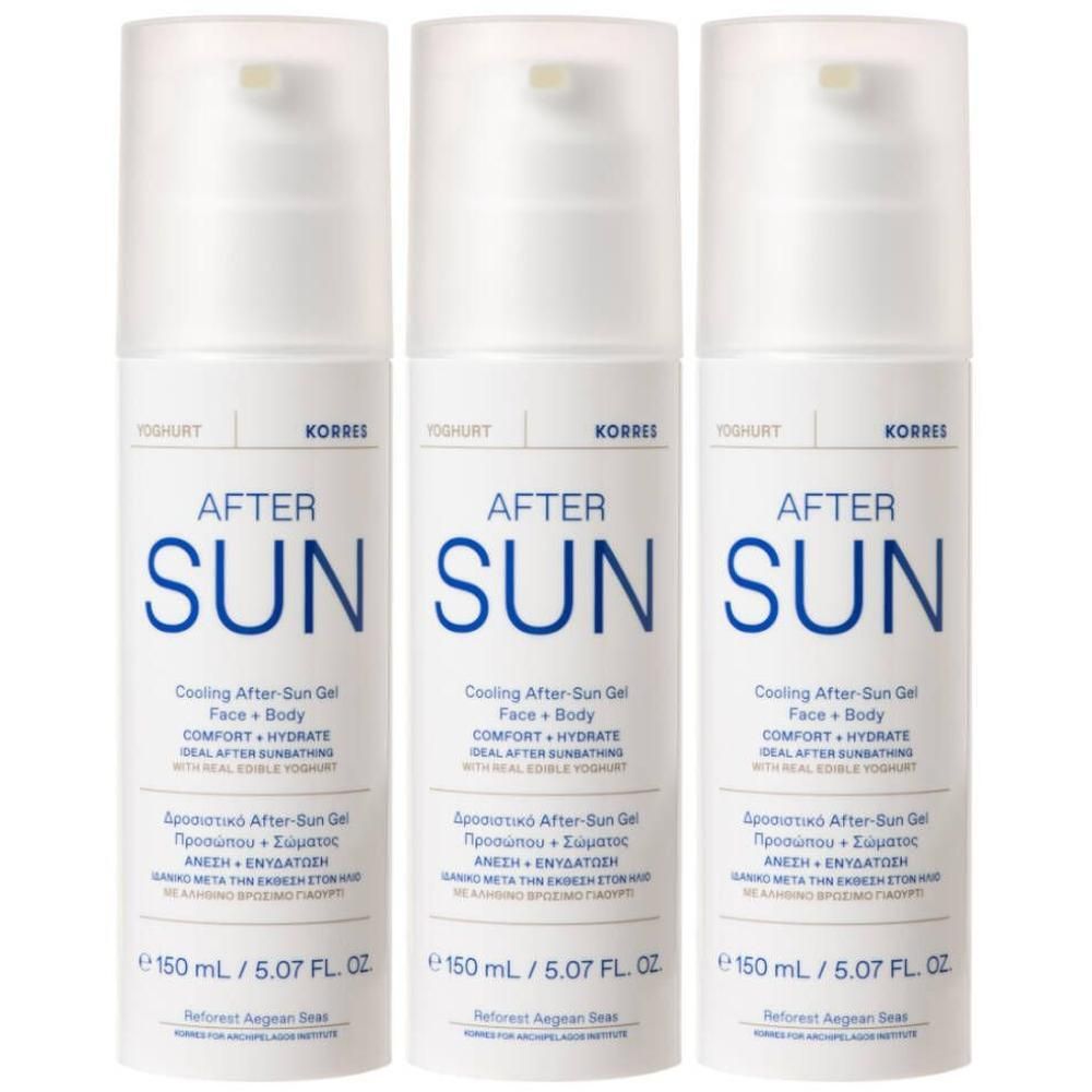 Trois flacons de Gel Rafraîchissant Après-Soleil Korres pour Visage et Corps, 150 ml chacun.