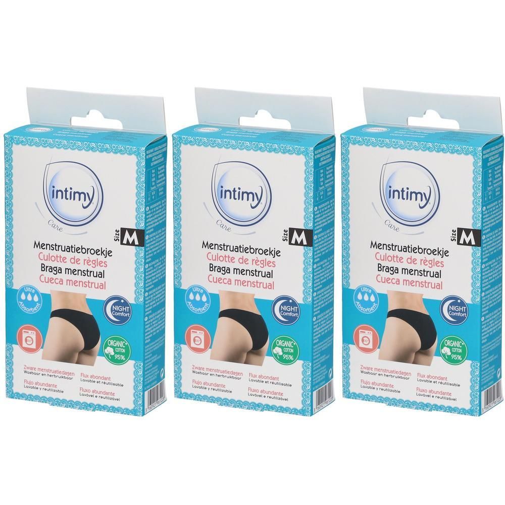 Trois paquets de culottes menstruelles Intimy Care, taille M. Emballage bleu avec illustration du produit.