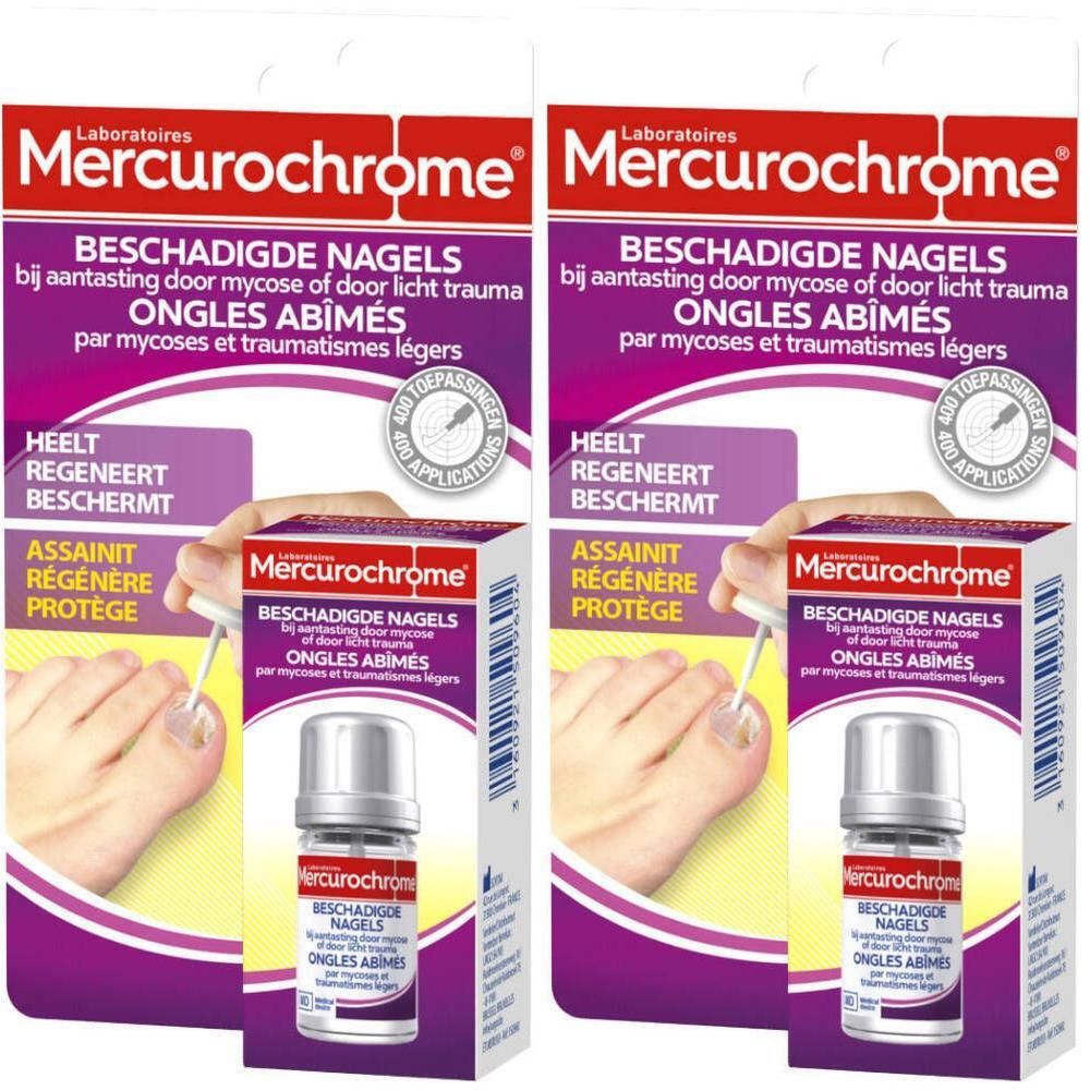 Mercurochrome traitement ongles abîmés. Contient un petit flacon avec applicateur.