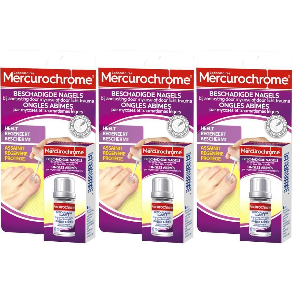 Trois paquets de Mercurochrome pour ongles abîmés, chacun avec un petit flacon et un applicateur.