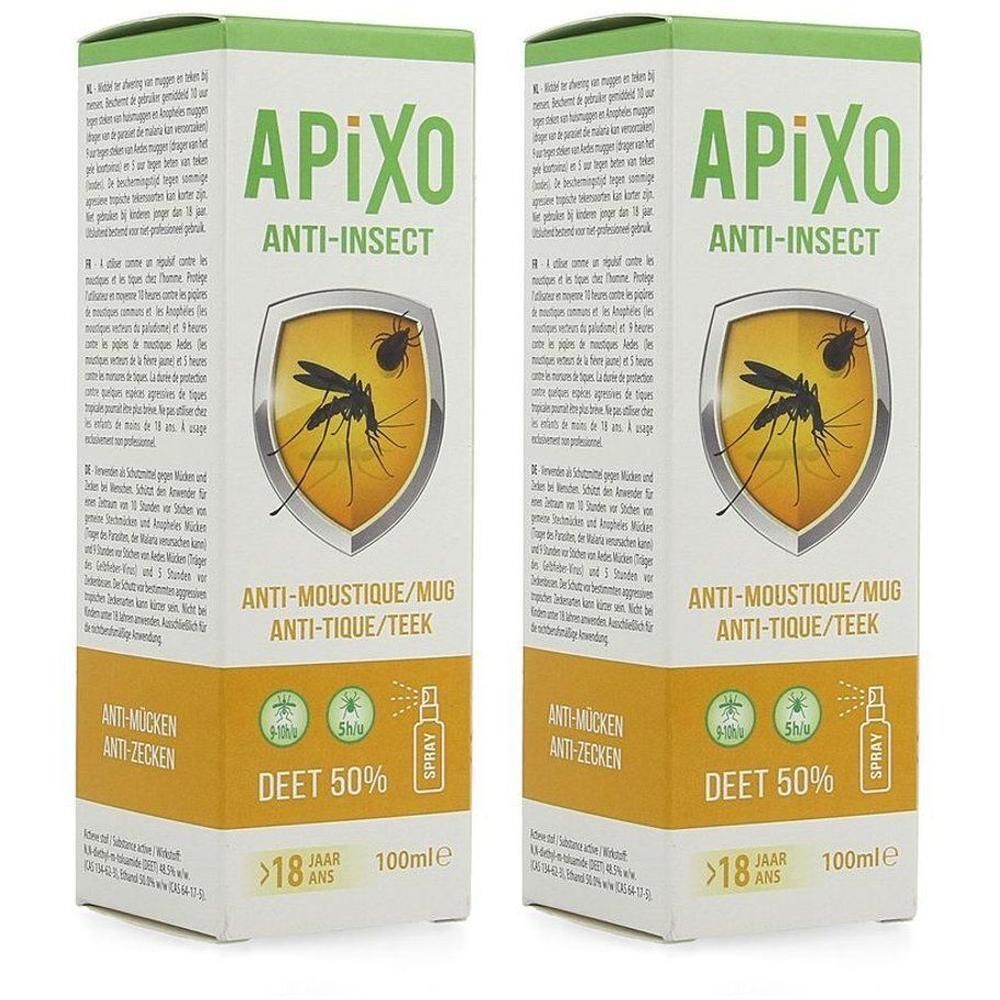 Deux boîtes d'APIXO Anti-Insectes, spray anti-moustiques DEET 50%. Protection contre moustiques et tiques.