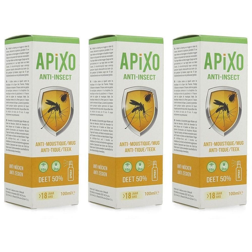 Trois boîtes d'APIXO Anti-Insectes, spray anti-moustiques et tiques, DEET 50%.
