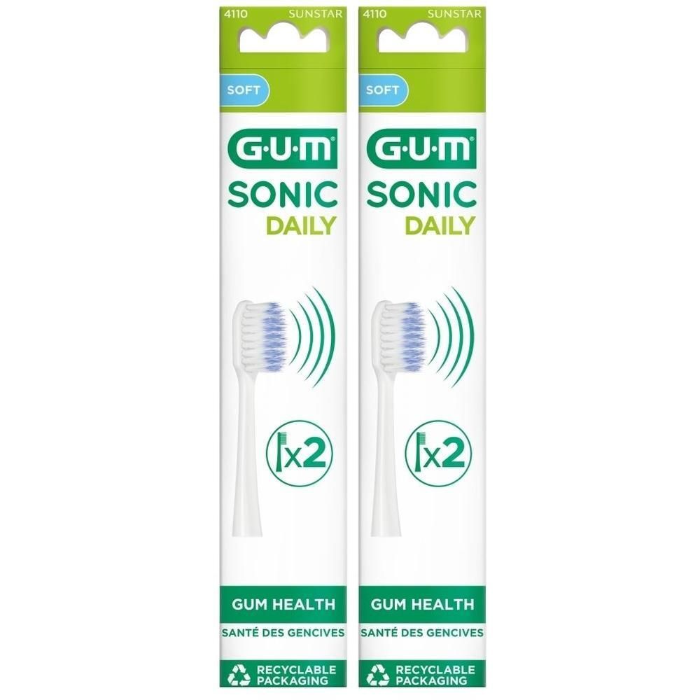 Deux paquets de têtes de brosse GUM® SONIC DAILY, blanches, souples.
