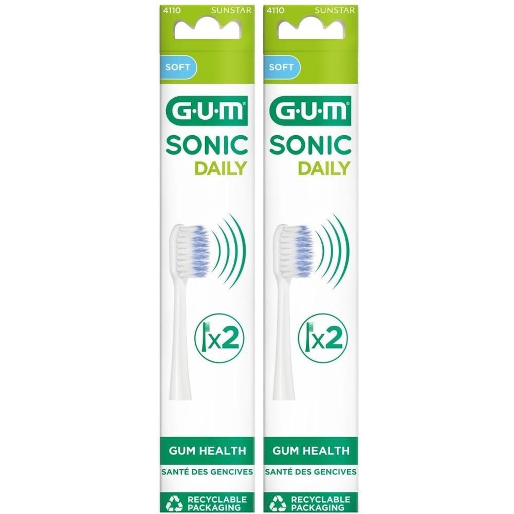 Twee pakken GUM® SONIC DAILY opzetborstels, wit, zacht.