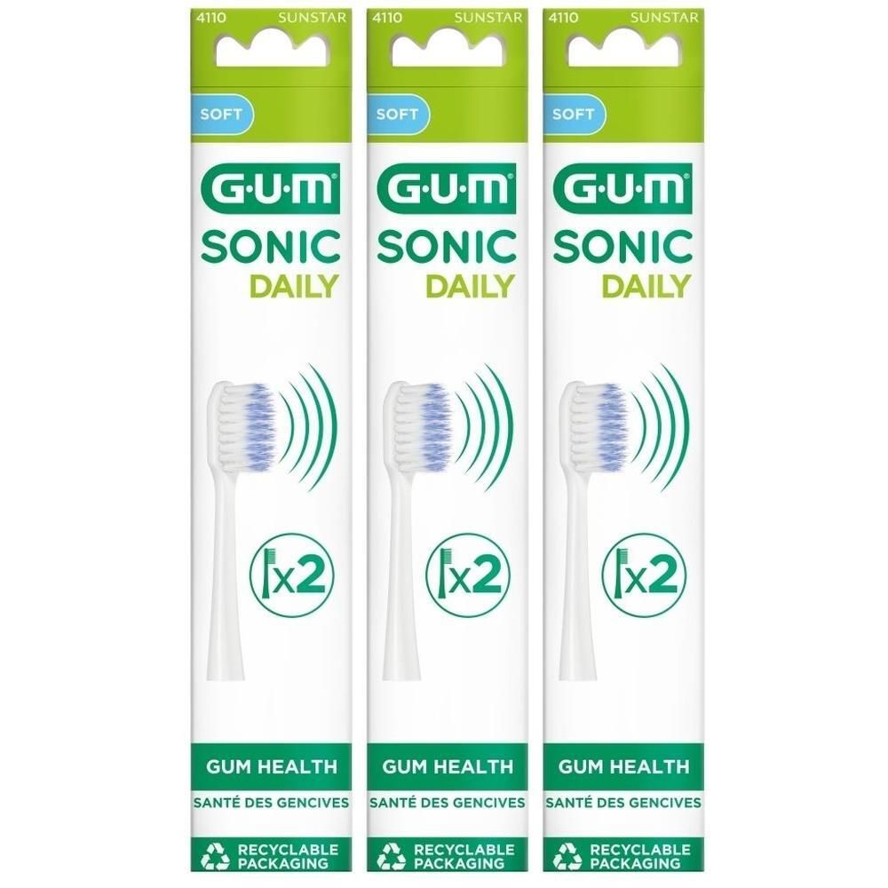 Trois paquets de têtes de brosse GUM® SONIC DAILY, blanches, avec poils bleus.