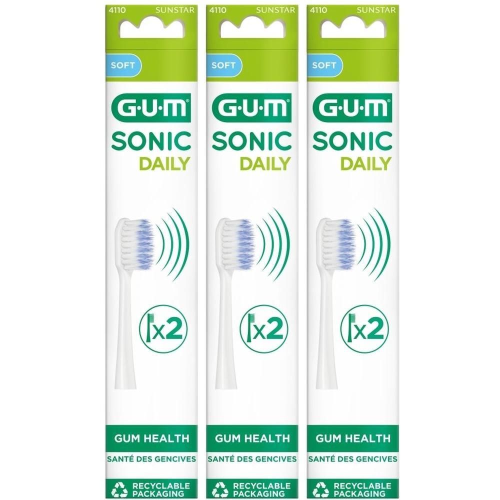 Drie pakken GUM® SONIC DAILY opzetborstels, wit, met blauwe borstelharen.