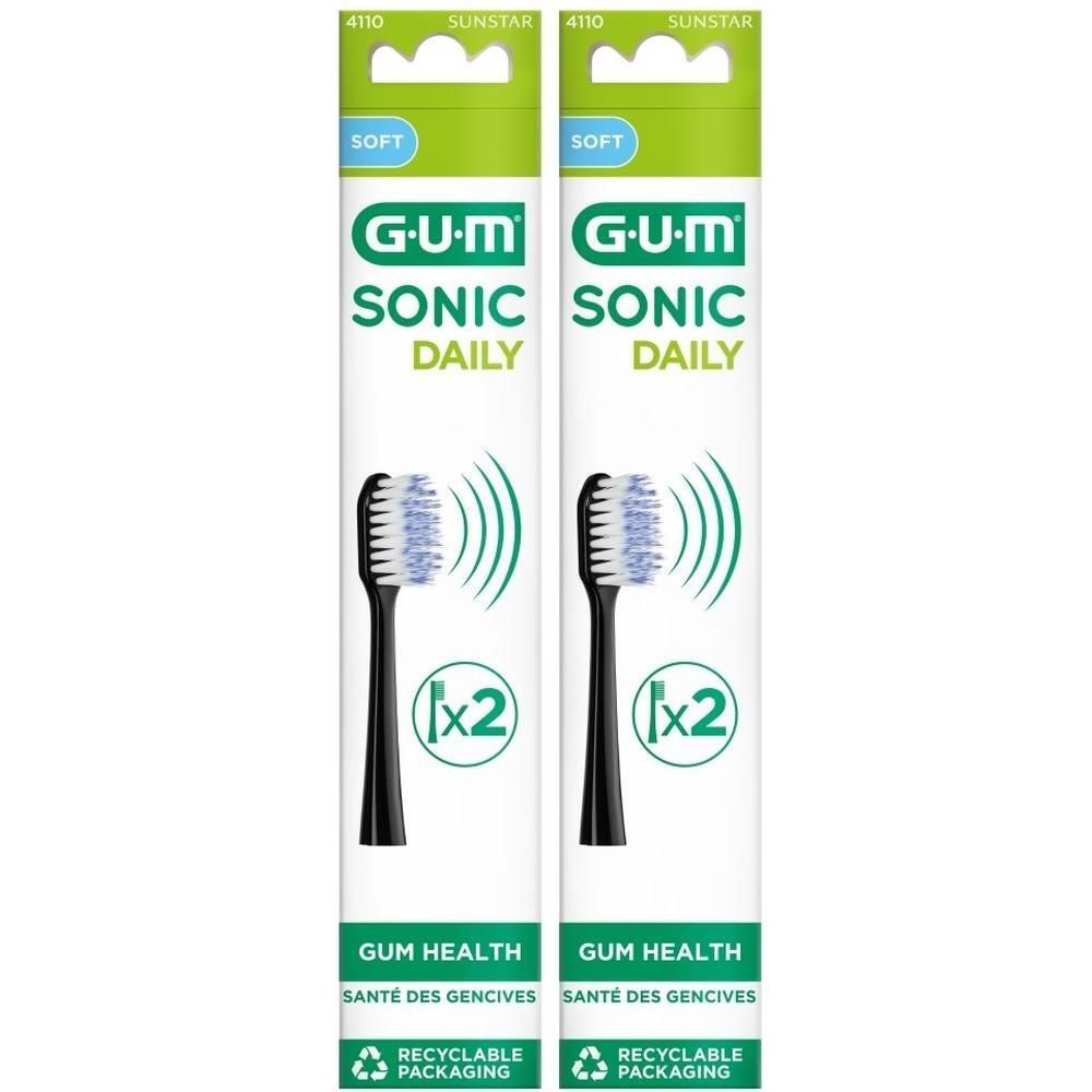 Twee GUM® SONIC DAILY zwarte opzetborstels, zachte borstels.