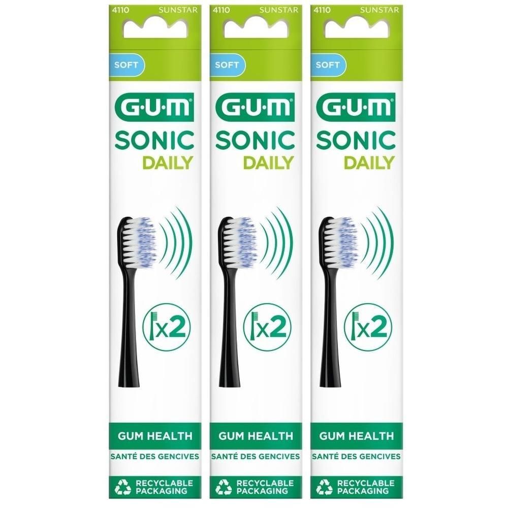 Trois paquets de têtes de brosse GUM® SONIC DAILY, noires, souples.