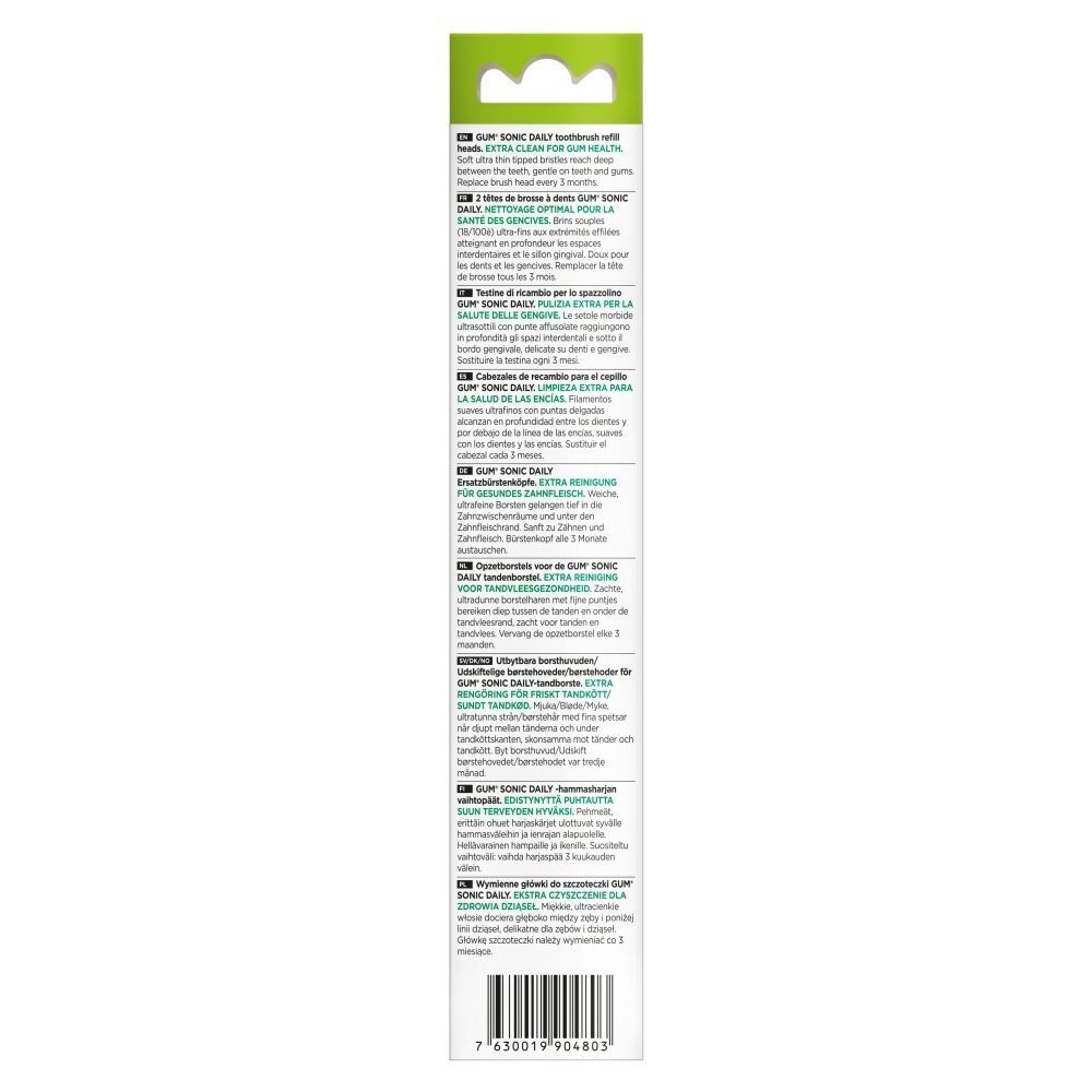 Achterkant van een pak GUM® SONIC DAILY opzetborstels met productinformatie.