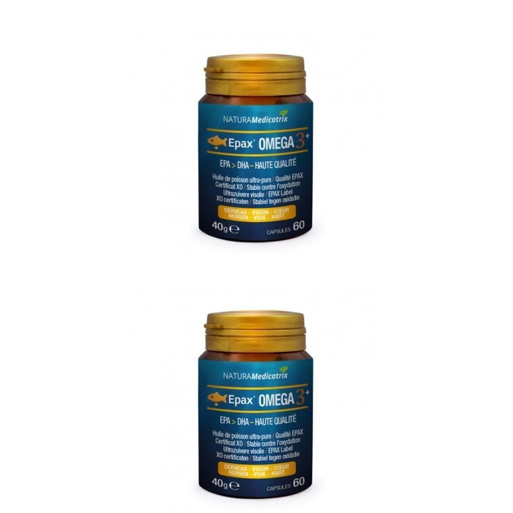 Twee flesjes Epax Omega 3+ DHA EPA met gouden schroefdoppen. Donkerbruine glazen flesjes met blauwe etiketten.