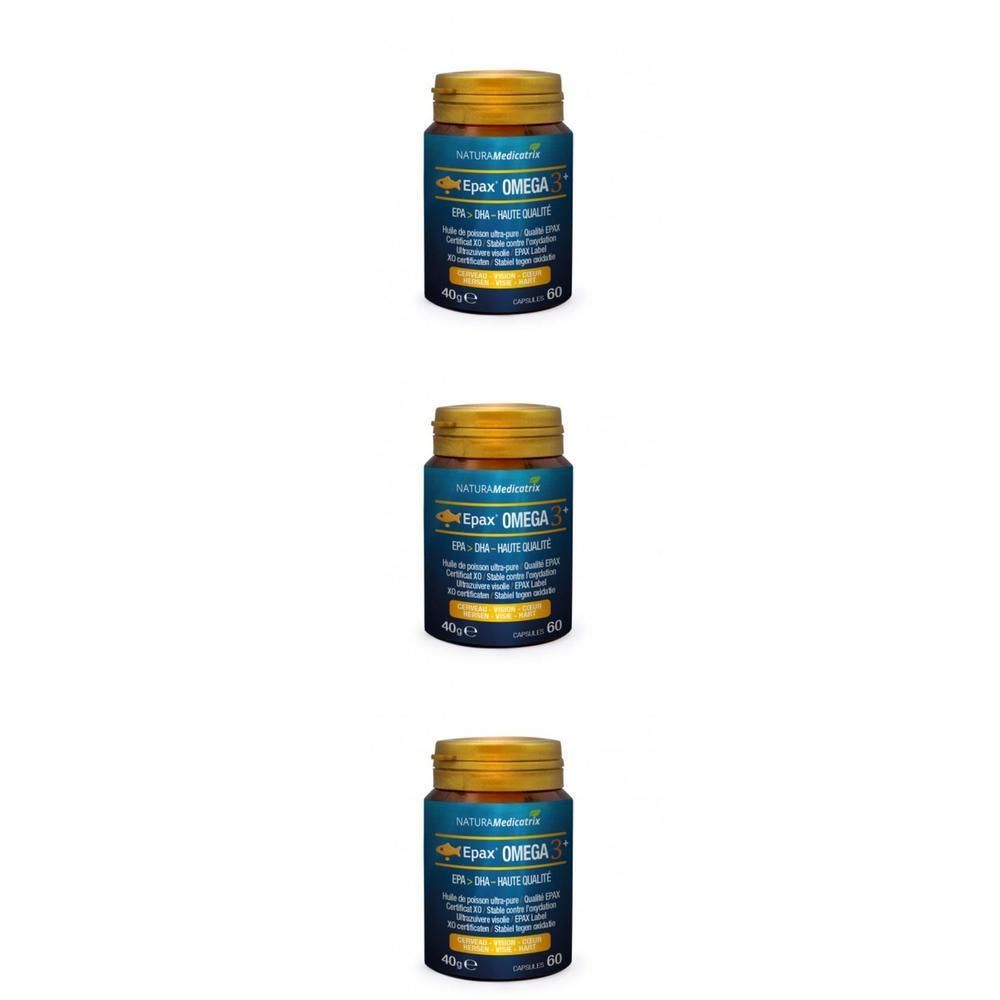 Trois flacons d'Epax Omega 3+ DHA EPA, compléments alimentaires, avec bouchons dorés.