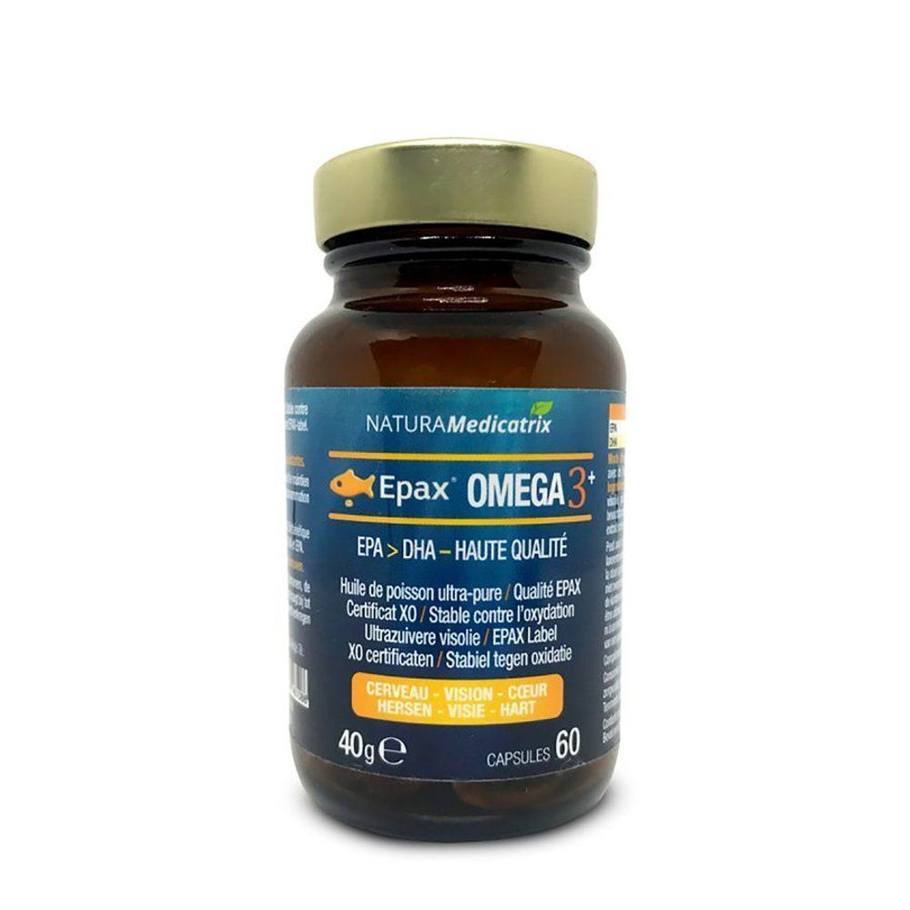 Fles Epax Omega 3+ DHA EPA, 60 capsules, 40g. Bevat EPA > DHA. Gecertificeerd XO.