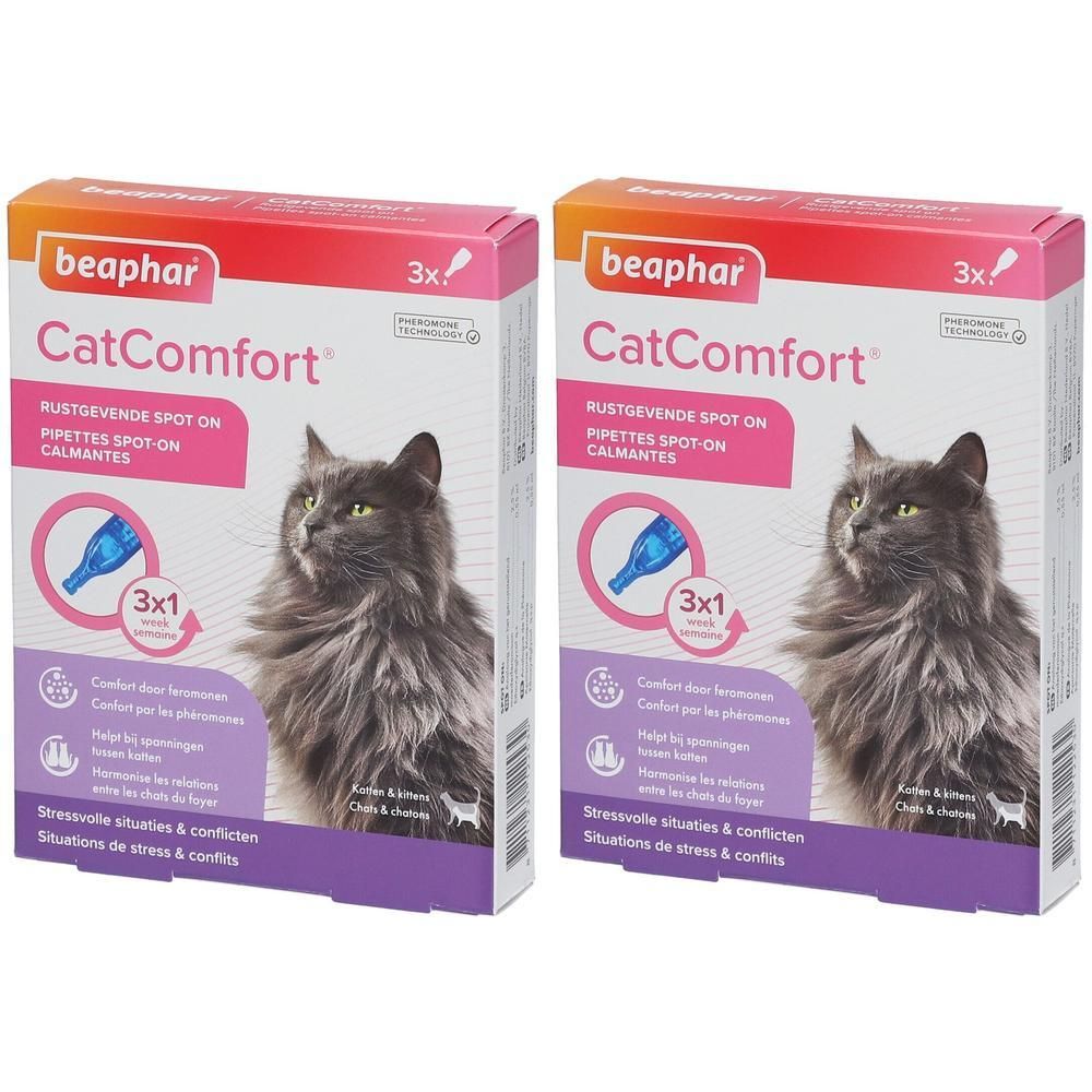 Deux boîtes Beaphar CatComfort Pipettes, chacune contenant 3 pipettes. Image de chat et de pipette.