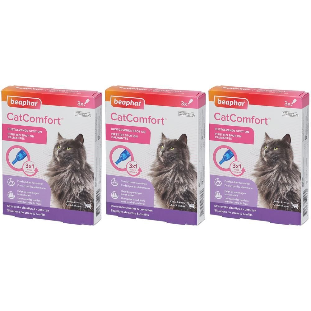 Trois boîtes Beaphar CatComfort Pipettes, chacune contenant 3x1 pipette. Image d'un chat gris.