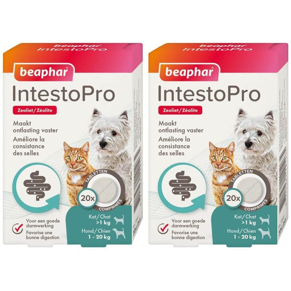 Beaphar Intestipro: Twee verpakkingen met elk 20 tabletten voor honden en katten ter ondersteuning van de spijsvertering.
