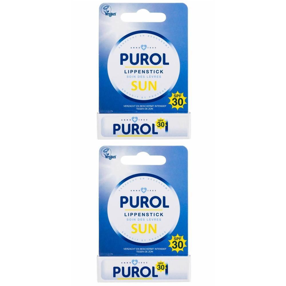 Deux sticks à lèvres Purol avec protection solaire SPF 30 en emballage blister.