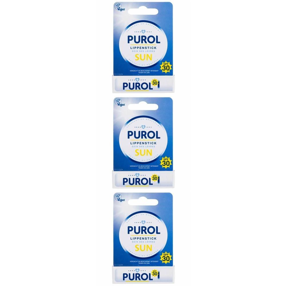 Drie Purol lippenstiften met zonbescherming SPF 30 in blisterverpakking.