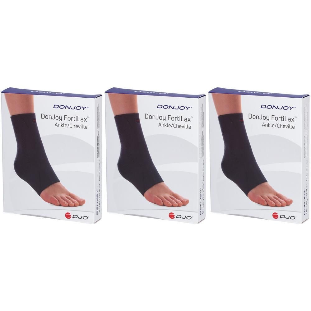 Drie verpakkingen DonJoy FortiLax enkelbrace voor kinderen, zwart.