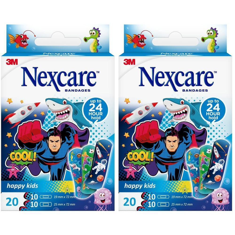 Verpakking van 20 Nexcare Happy Kids Cool pleisters, ontwerpen: superhelden, ruimte, zeedieren.