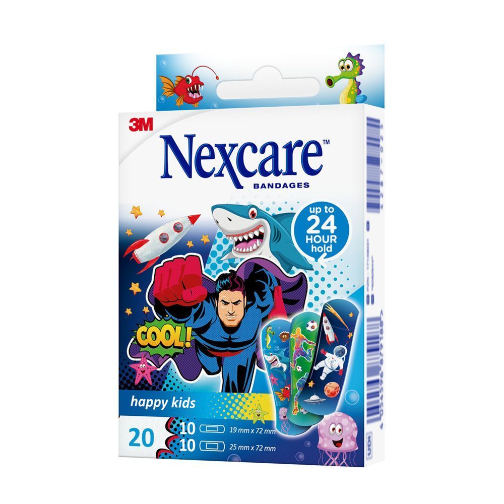 Verpakking van 20 Nexcare Happy Kids Cool pleisters, ontwerpen: superhelden, ruimte, zeedieren.