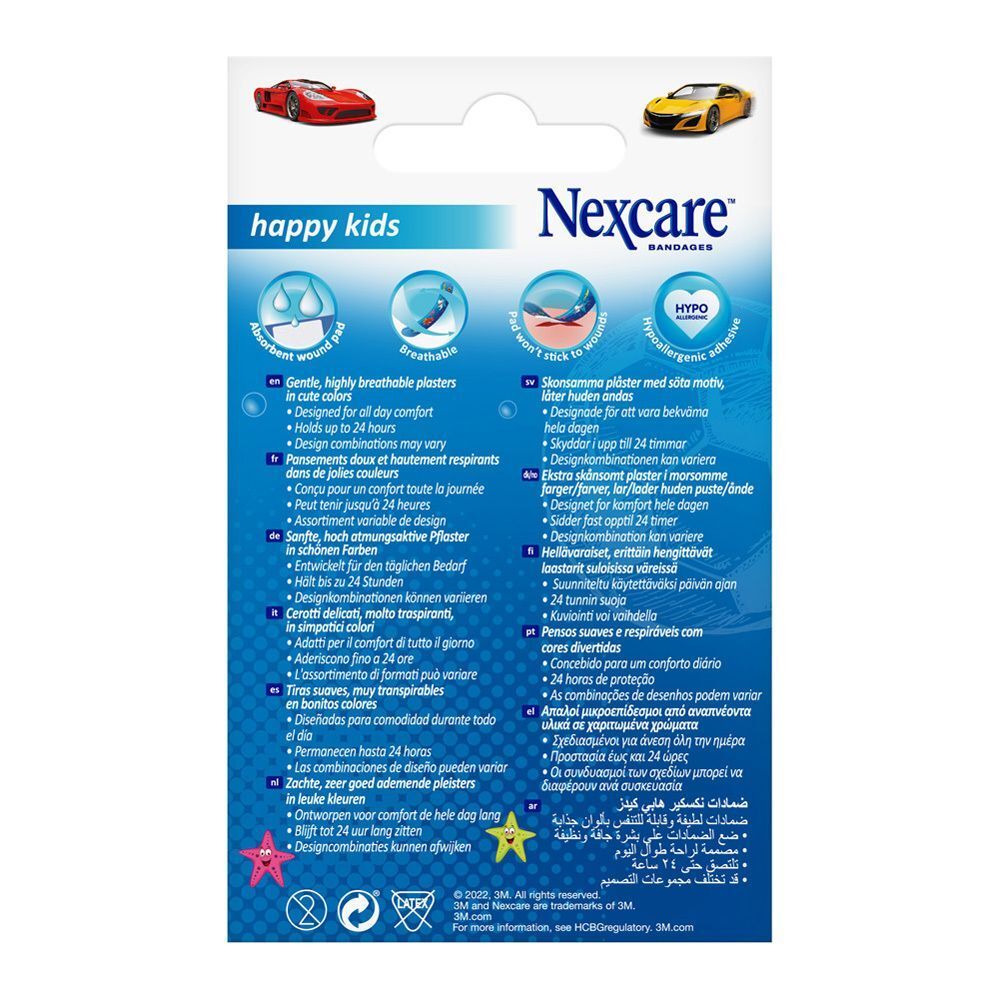Achterkant van de Nexcare Happy Kids Cool pleisterverpakking met informatie en ontwerpen.