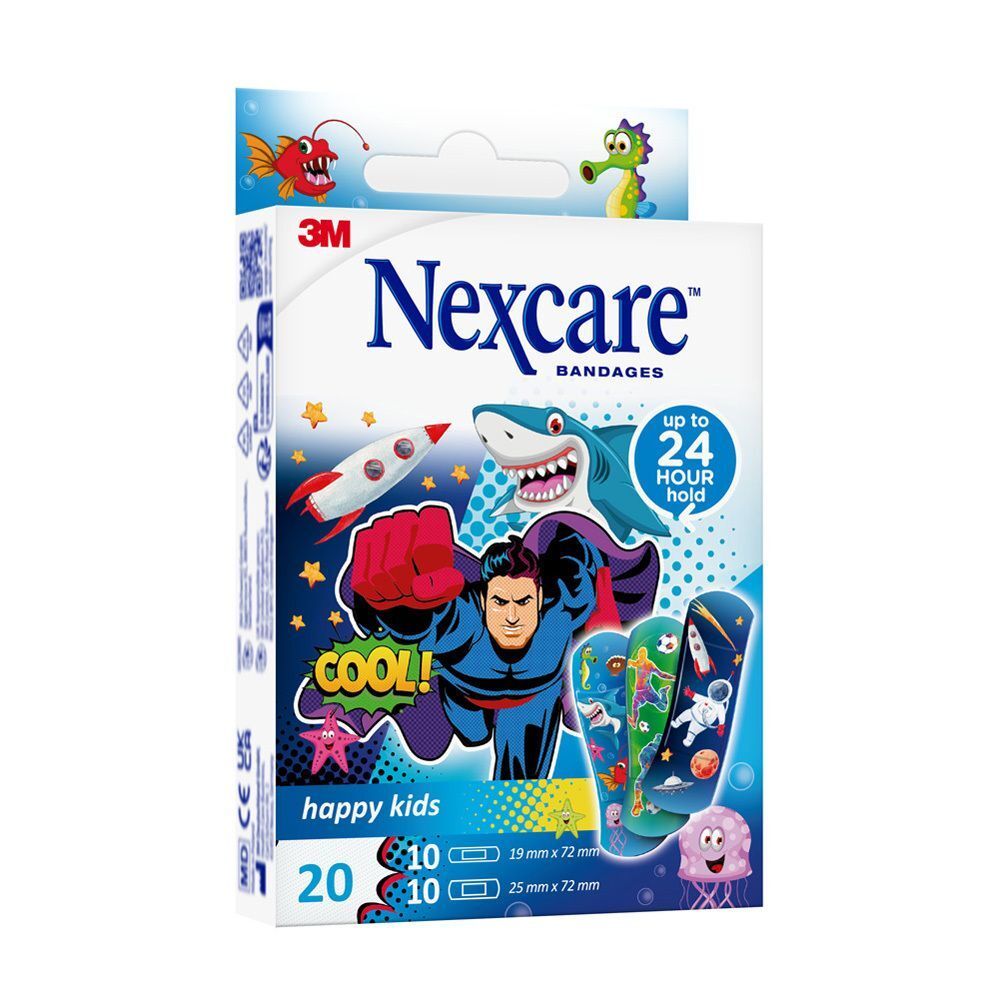 Een pak Nexcare Happy Kids Cool pleisters met ontwerpen van superhelden, haaien en raketten.