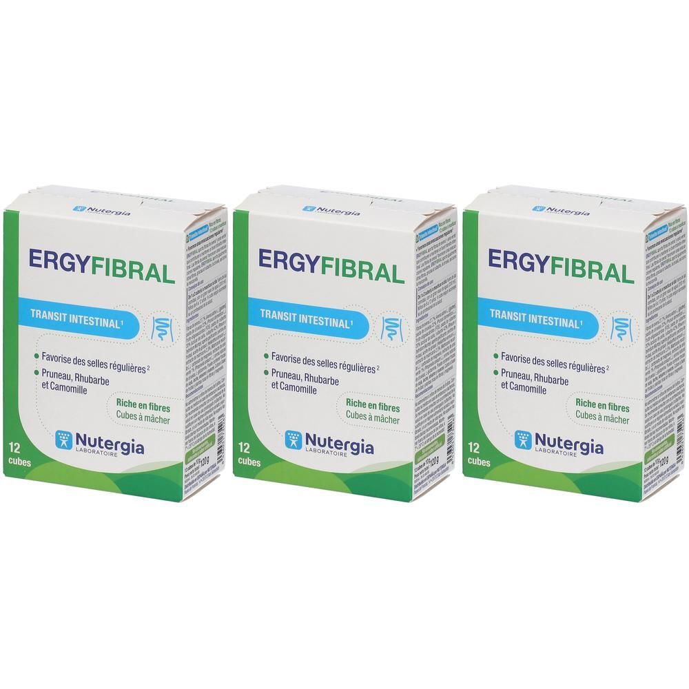 Trois boîtes Ergyfibral pour le transit intestinal, chacune contient 12 sachets.