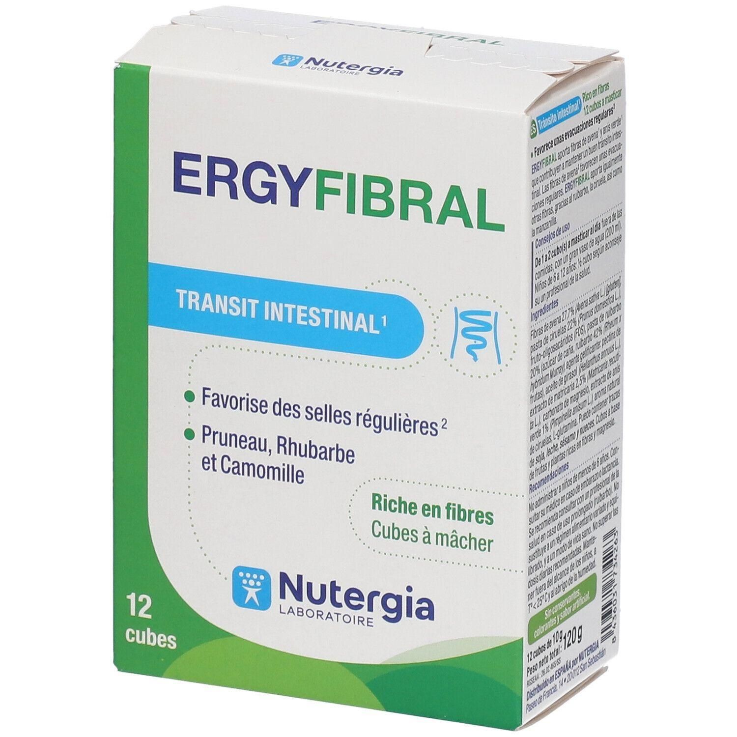 Doosje Ergyfibral, 12 kauwtabletten voor de darmtransit. Rijk aan vezels, pruim, rabarber en kamille.