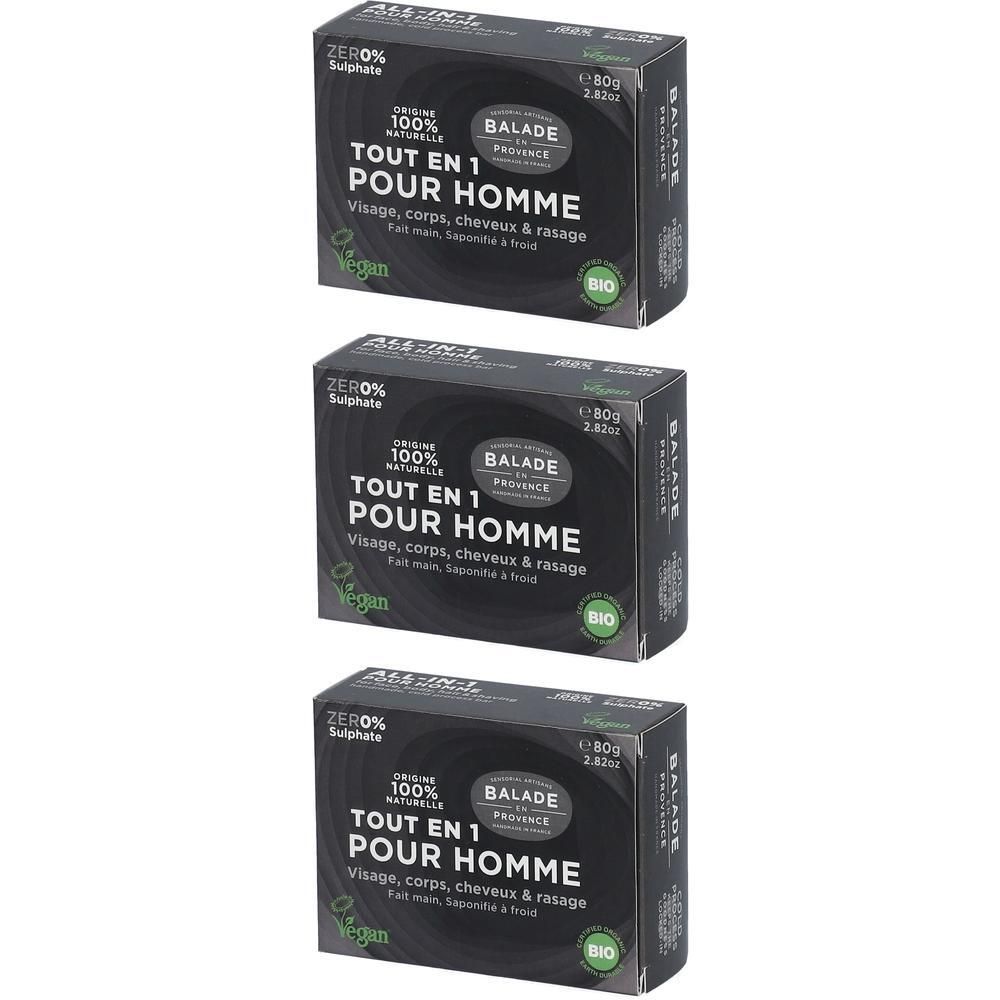 Drie verpakkingen Balade en Provence All-in-1 voor Mannen. Zwarte verpakking met tekst.