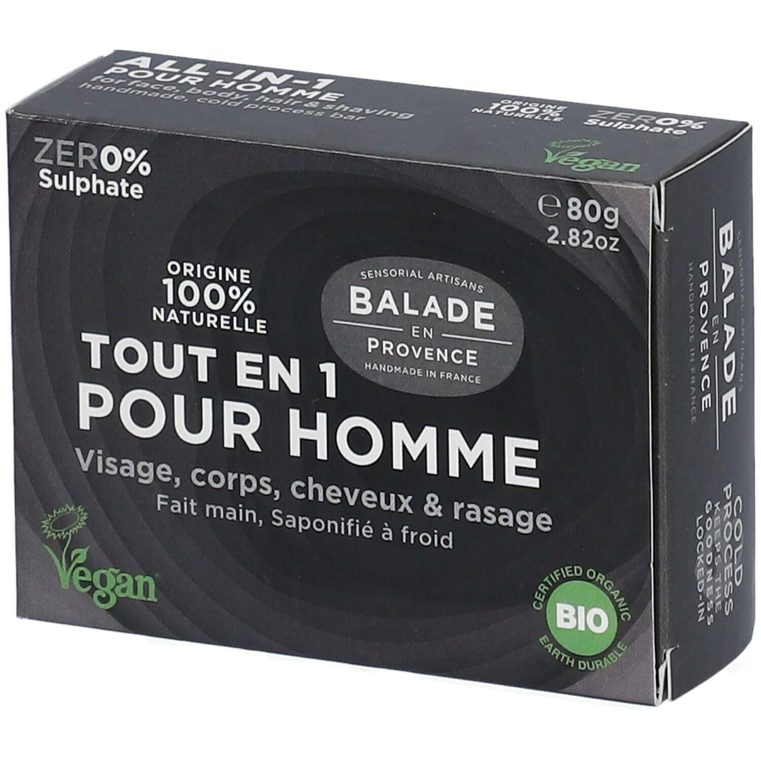 Verpakking voor Balade en Provence All-in-1 voor Mannen, 80g. Vegan en Biologisch gecertificeerd.