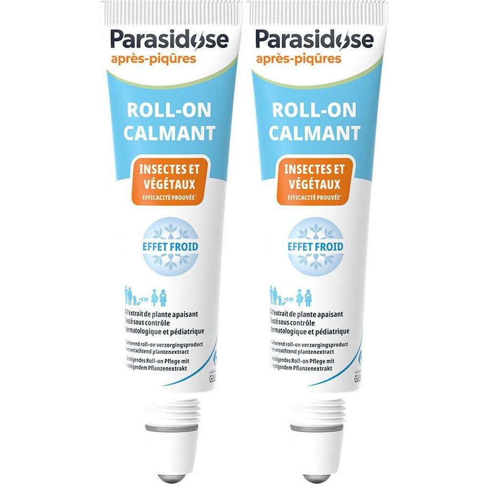 Deux flacons roll-on Parasidose apaisant après piqûres d'insectes.