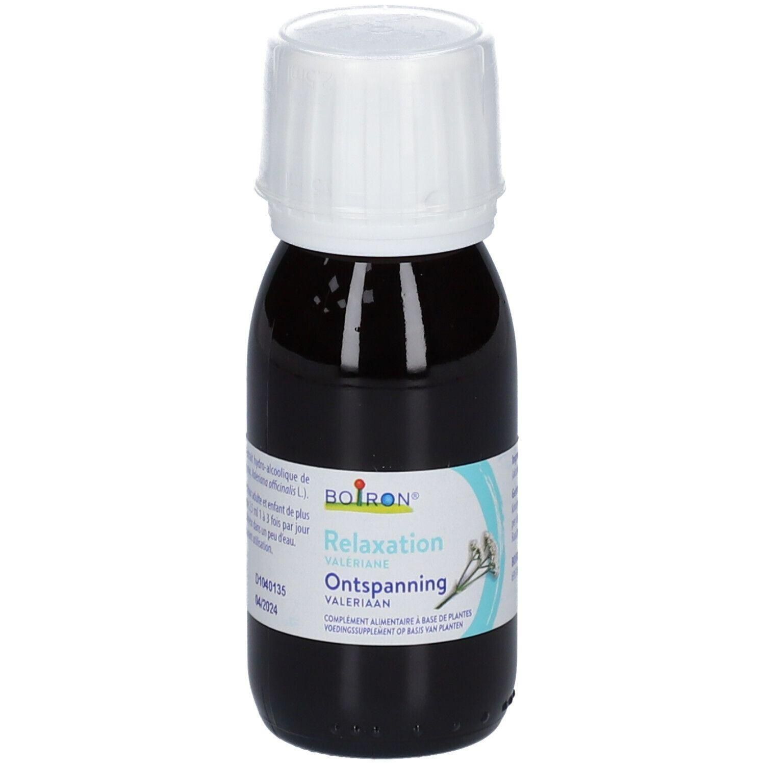 Boiron Valeriaan Ontspanning vloeistof in donkere glazen fles met witte dop.
