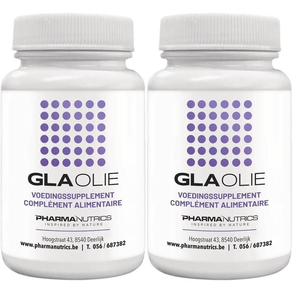 Twee witte potjes met GLA-olie, een voedingssupplement van PharmaNutrics.