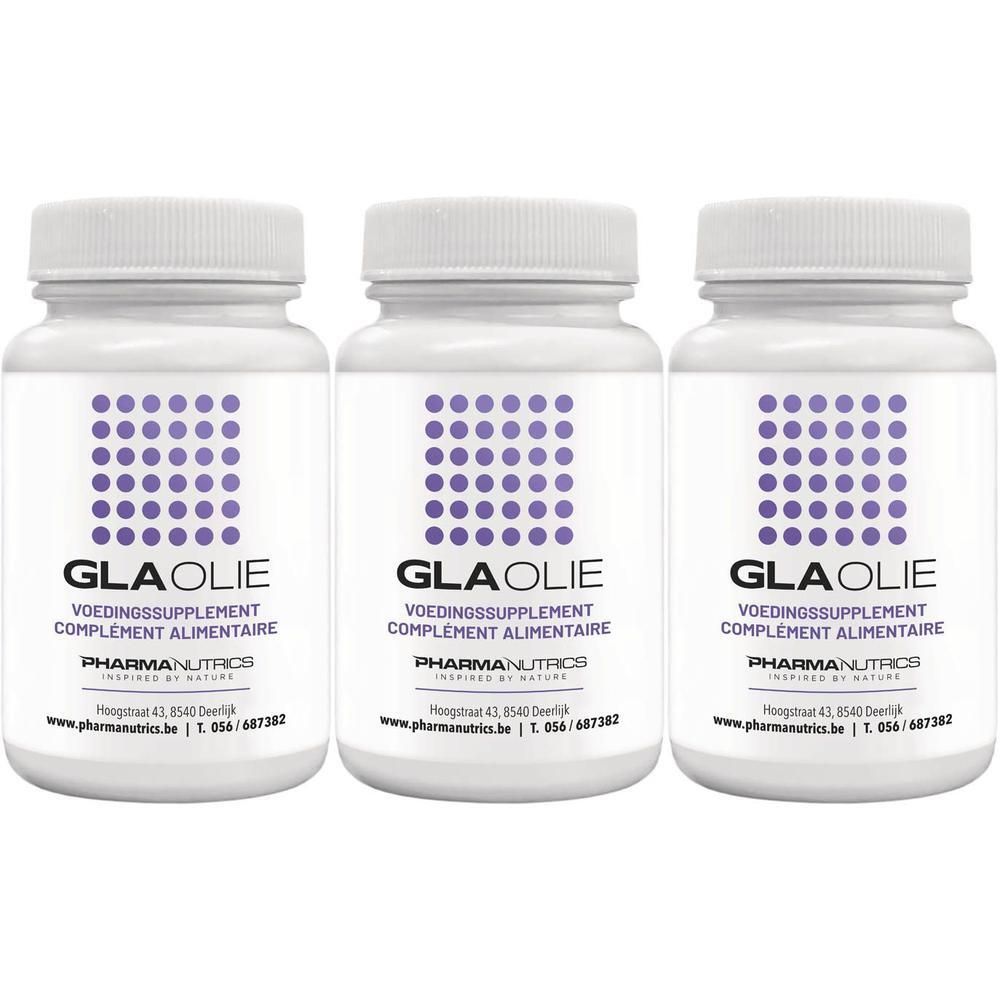 Trois flacons d'huile GLA, un complément alimentaire de PharmaNutrics.