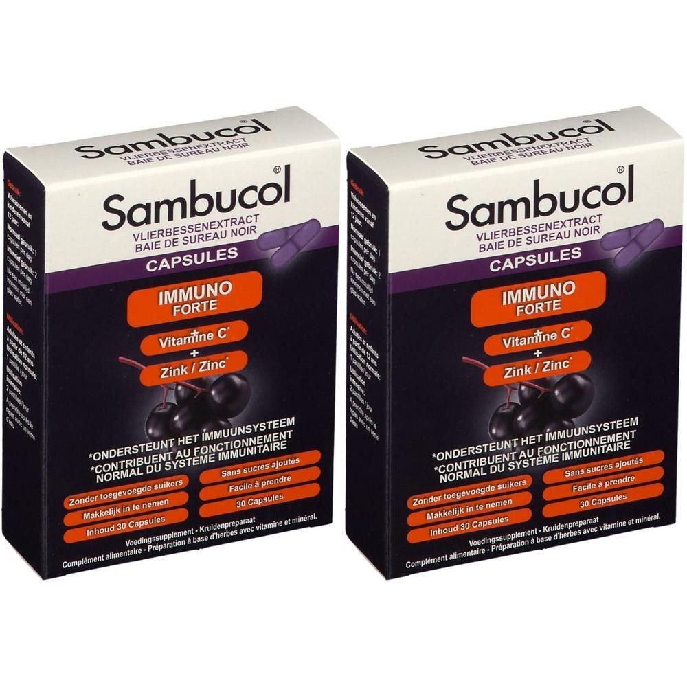 Deux boîtes de Sambucol Immuno Forte Capsules avec Vitamine C et Zinc.