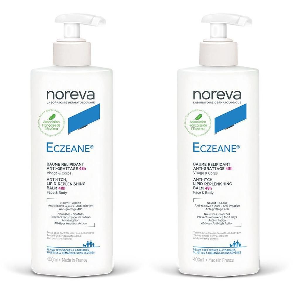 Twee Noreva Eczeane Balsem flessen met pompen. 400ml.