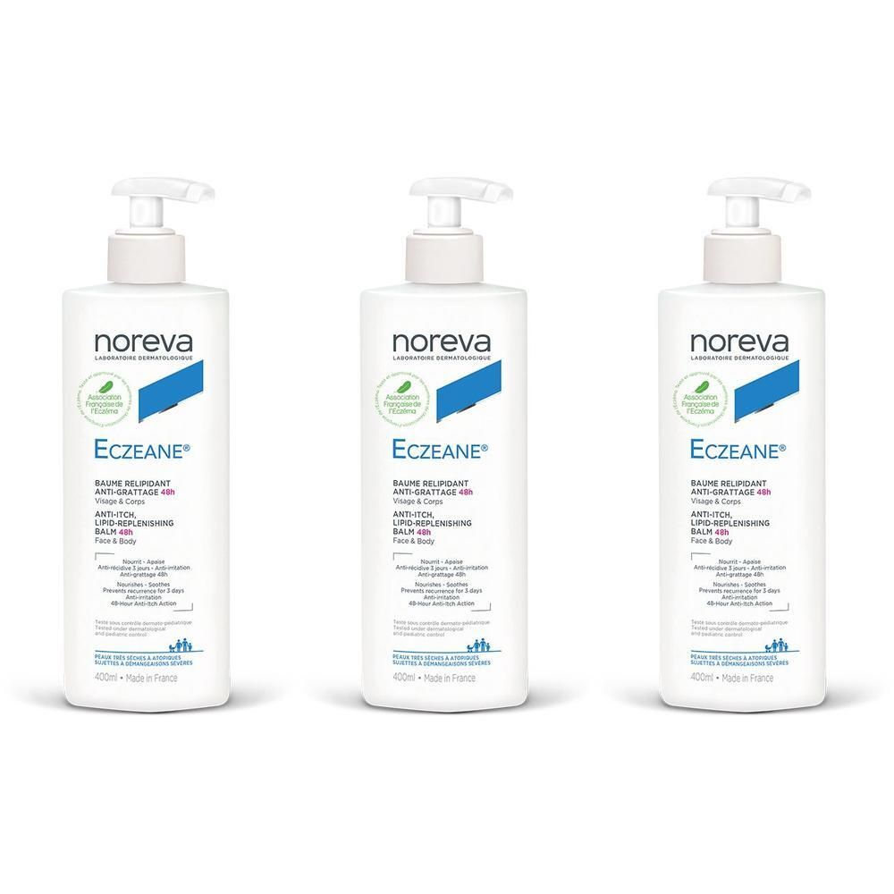 Trois flacons de baume Noreva Eczeane avec pompes. Blanc et bleu.