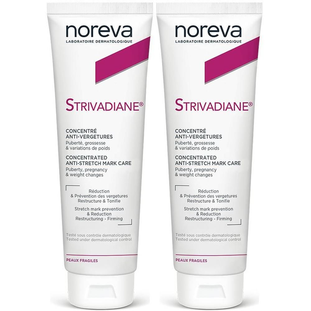Deux tubes de Noreva Strivadiane Concentré Anti-Vergetures. Pour puberté, grossesse et variations de poids.