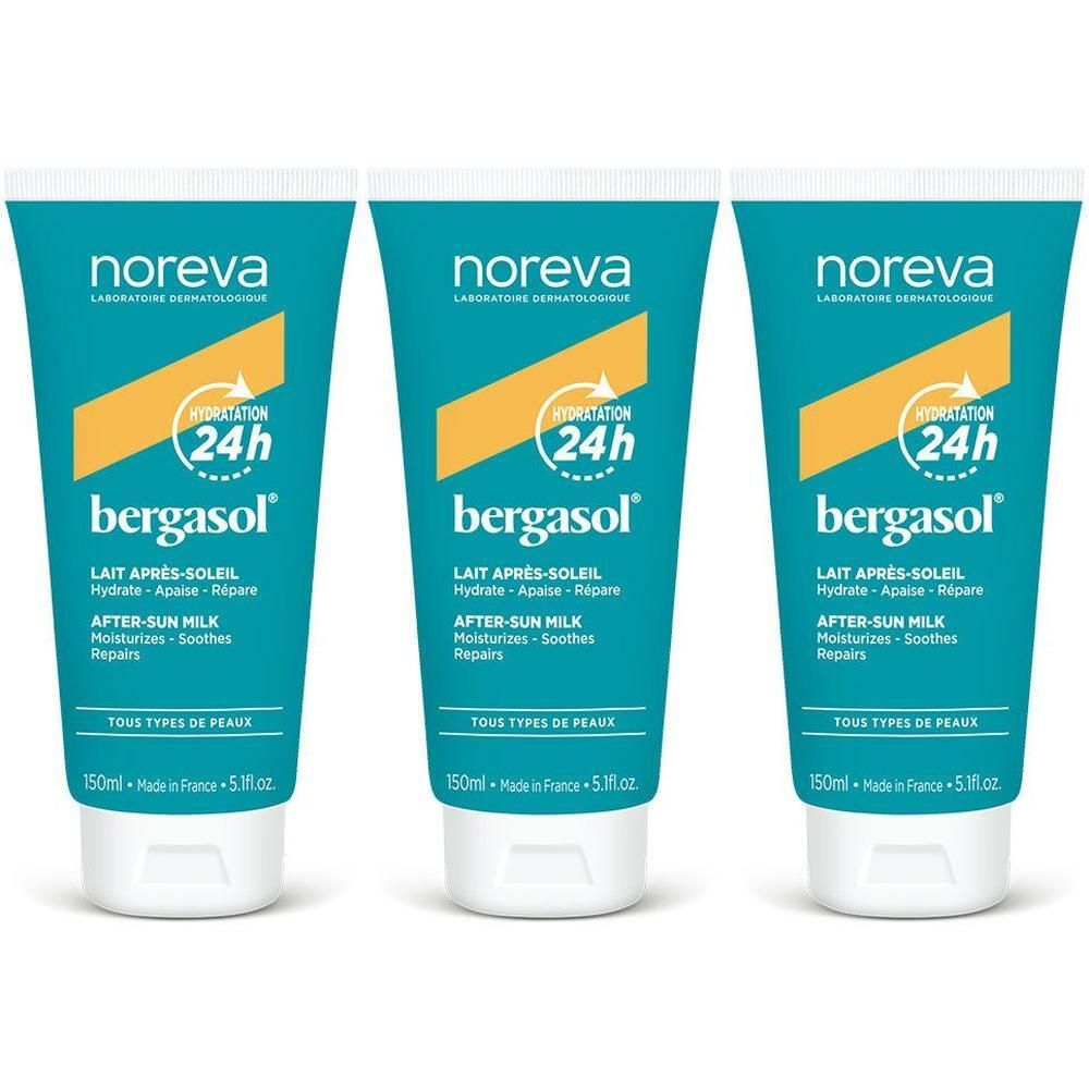 Drie tubes Noreva Bergasol After-Sun Milk met 24-uurs hydratatie.