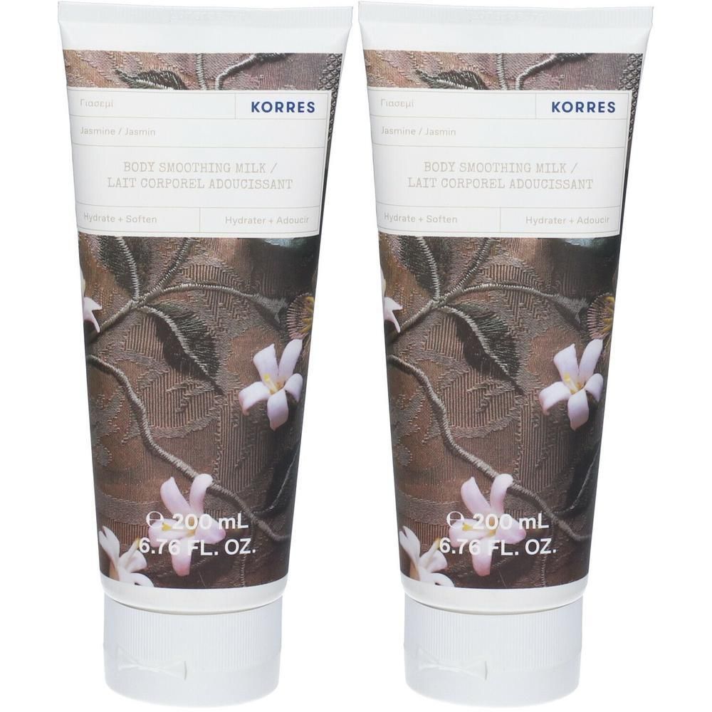 Deux tubes de Lait Corporel Adoucissant Korres au jasmin, 200 ml chacun.