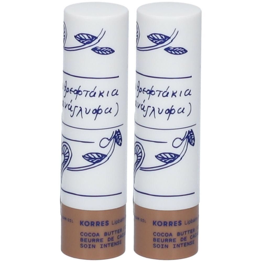 Deux baumes à lèvres Korres au beurre de cacao, soin intense.