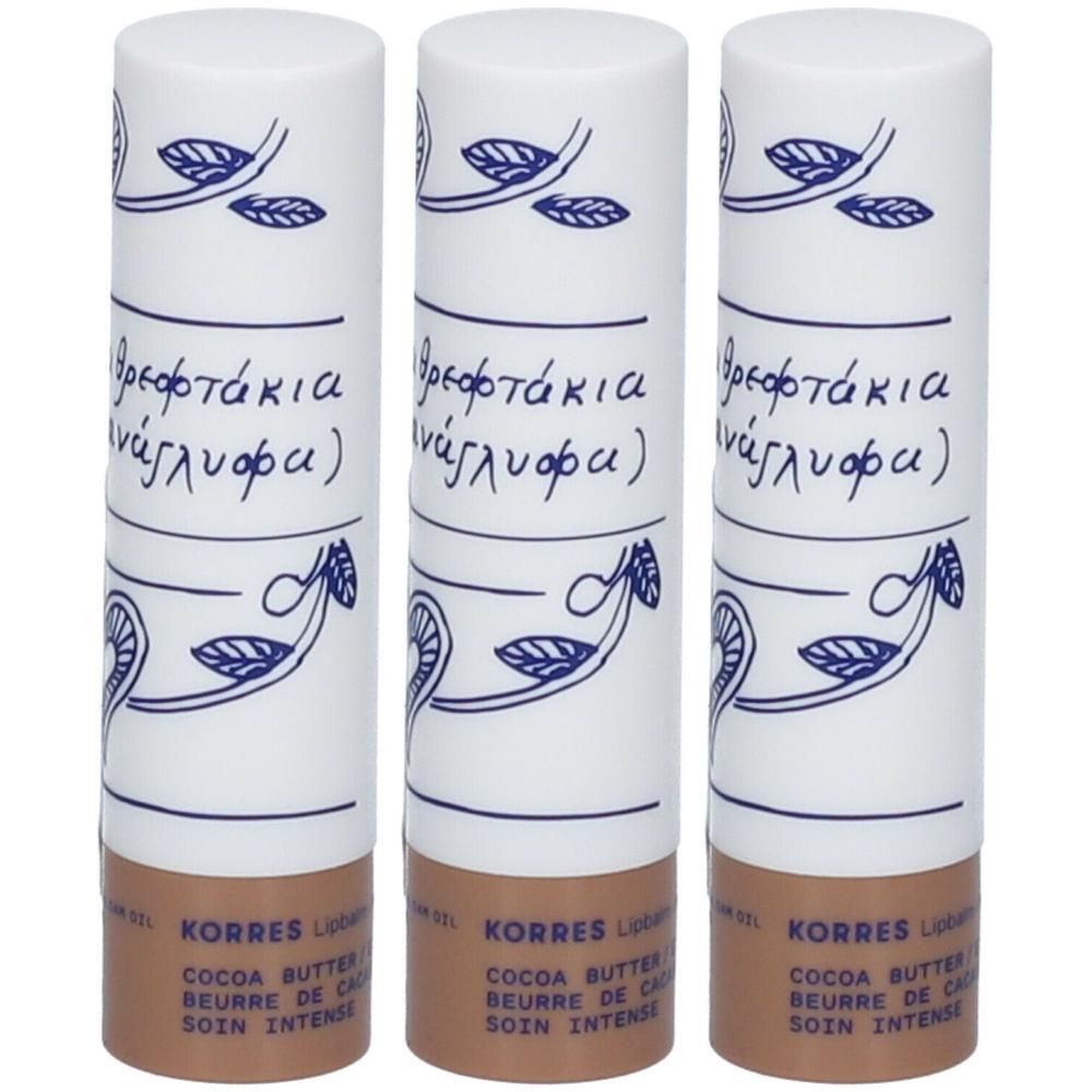 Drie Korres lippenbalsems met cacaoboter, intensieve verzorging.