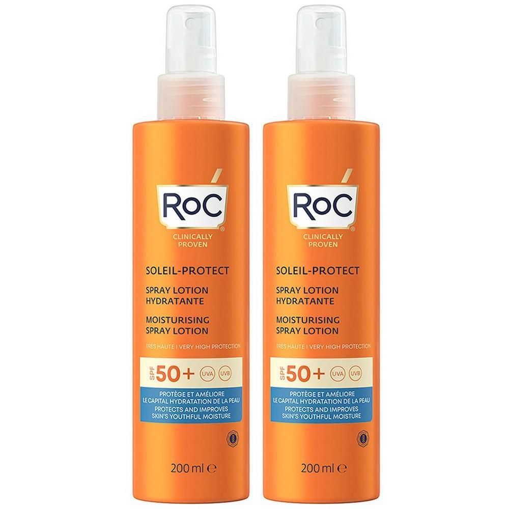 Twee oranje spuitflessen RoC Soleil-Protect met SPF 50+.