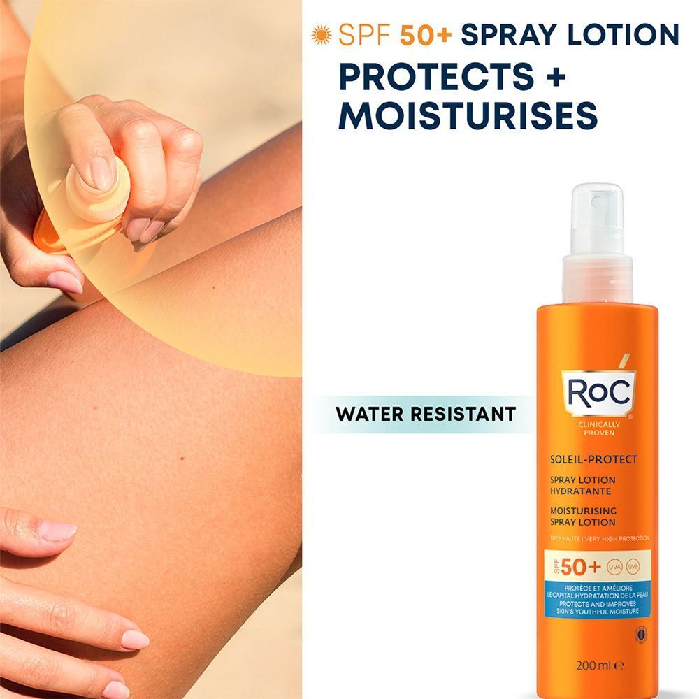 RoC Soleil-Protect Spray Lotion SPF 50+ op een huid beschermd door een zonne-schild.