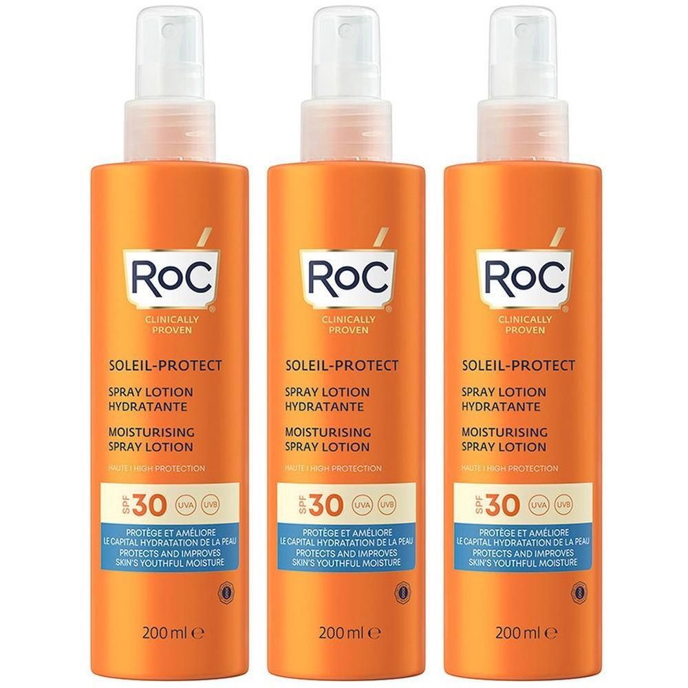Trois flacons de lotion spray hydratante RoC Soleil-Protect SPF30.