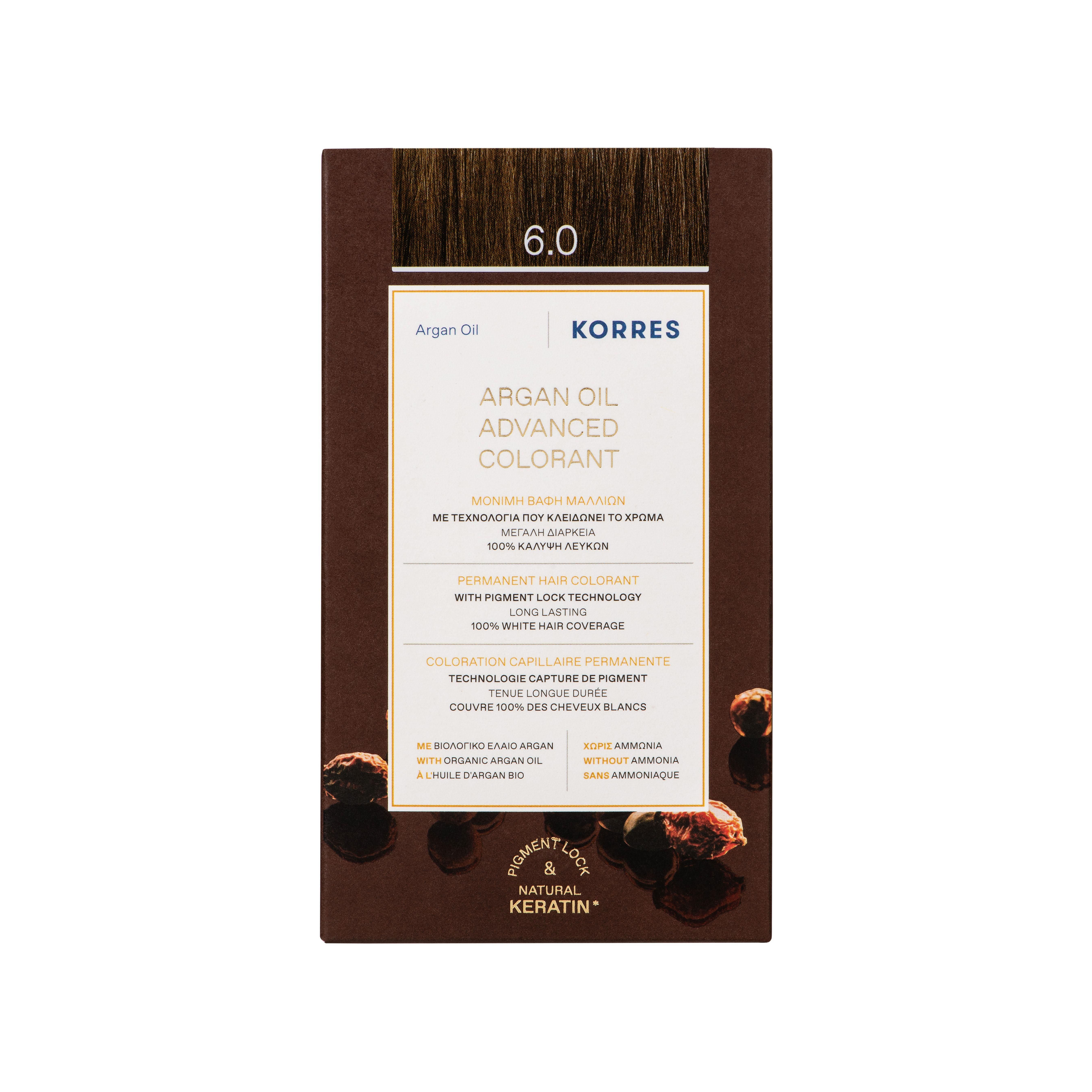 Korres Arganolie Haarkleuring 6.0 Donkerblond. Met Pigment Lock Technologie.
