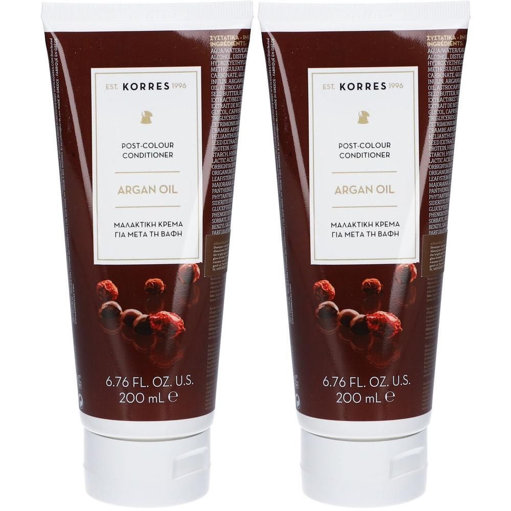 Twee Korres Argan Oil Post-Colour Conditioner tubes, elk 200 ml.