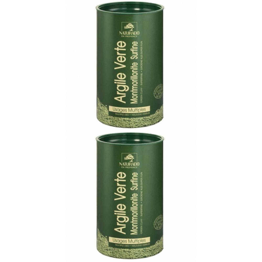Twee groene kokers Naturado Argile Verte Montmorillonite Surfine. Meervoudig gebruik.