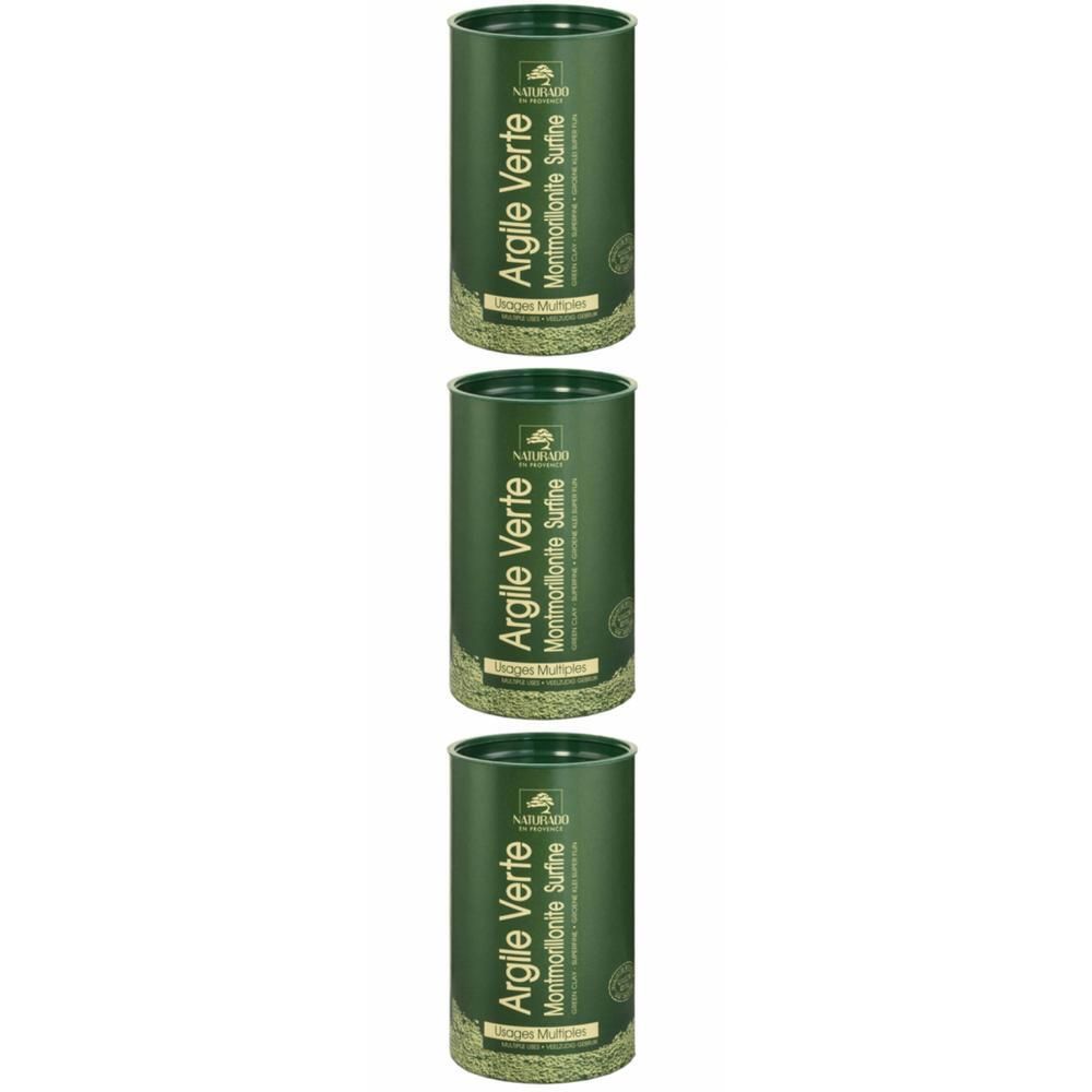 Drie groene kokers met opschrift Argile Verte Montmorillonite Fine.