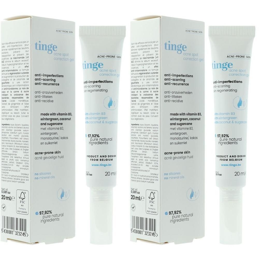 Twee Tinge acne spot correction gels en een doosje.